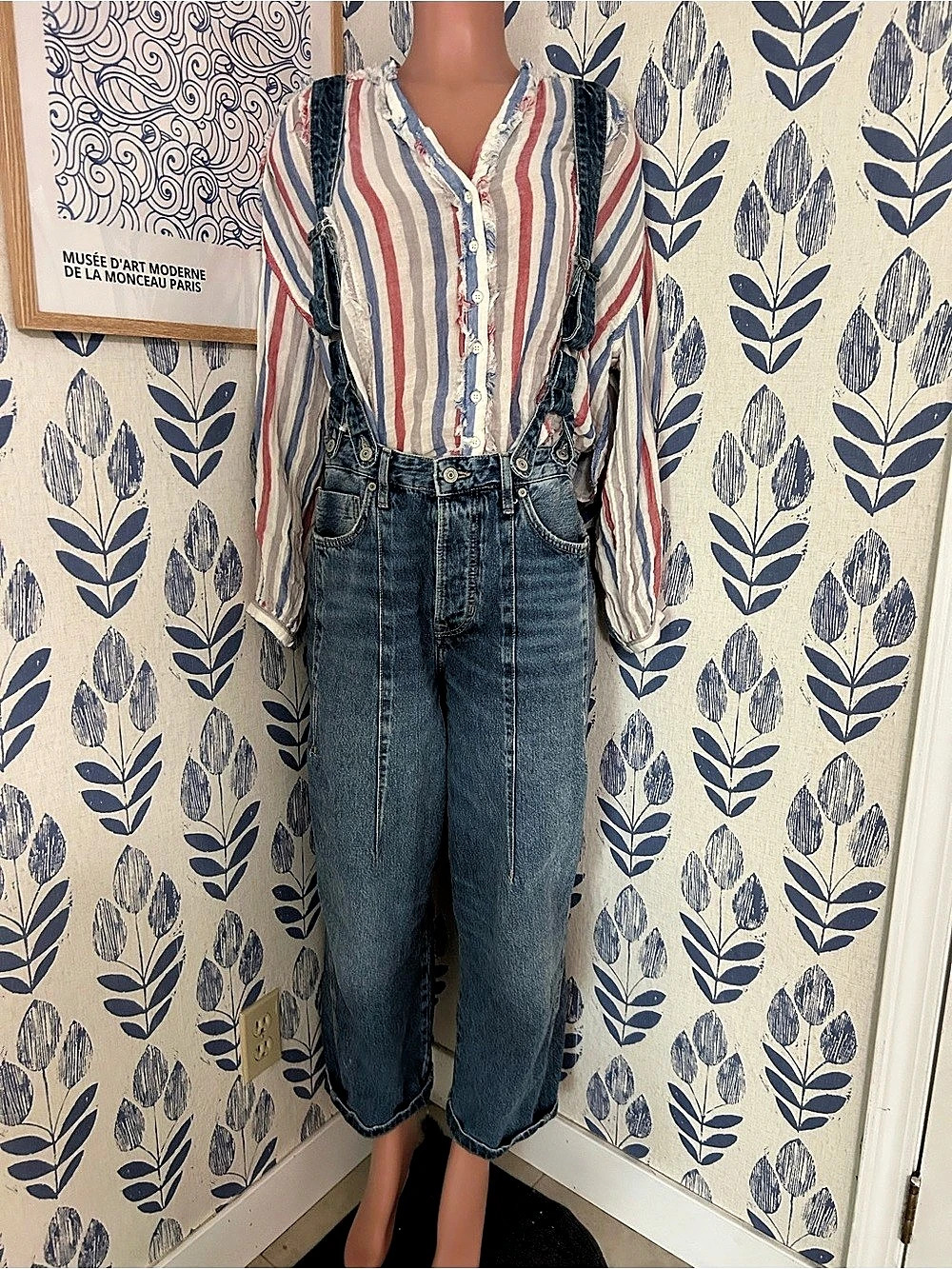 Free People distressed distresses Denim  Suspender Pants